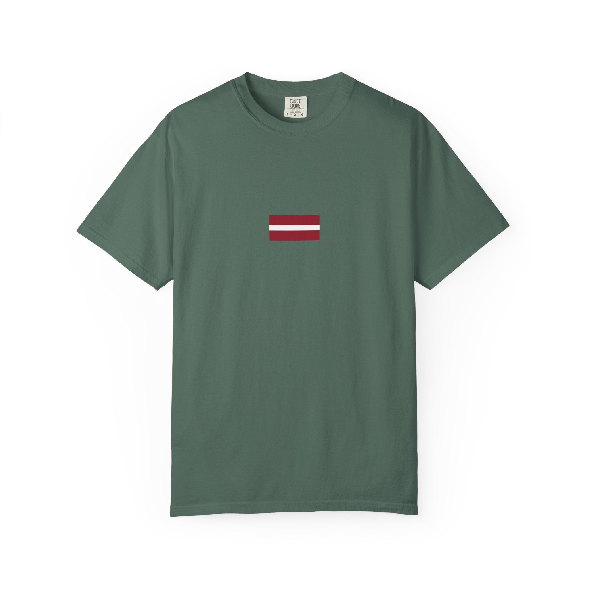 𝗟𝗔𝗧𝗩𝗜𝗔 | 𝗧‑𝗦𝗛𝗜𝗥𝗧 "Minimal Front Flag & Back Map Design" 👕🛒📦✈️🌍🚚✅