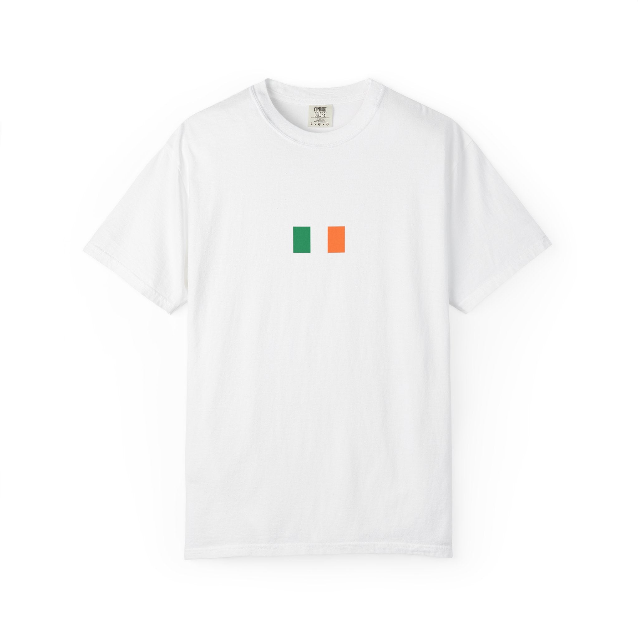 Ireland Flag Map T-Shirt — Irish Tricolor Graphic Tee (Front Mini Flag, Back Map)